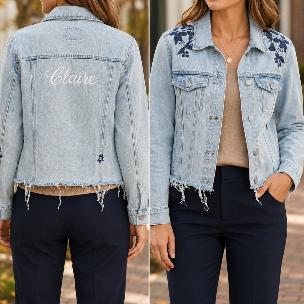Old Navy Womens Large Light CLARE Floral Embroidered Denim Jacket Claire Frayed